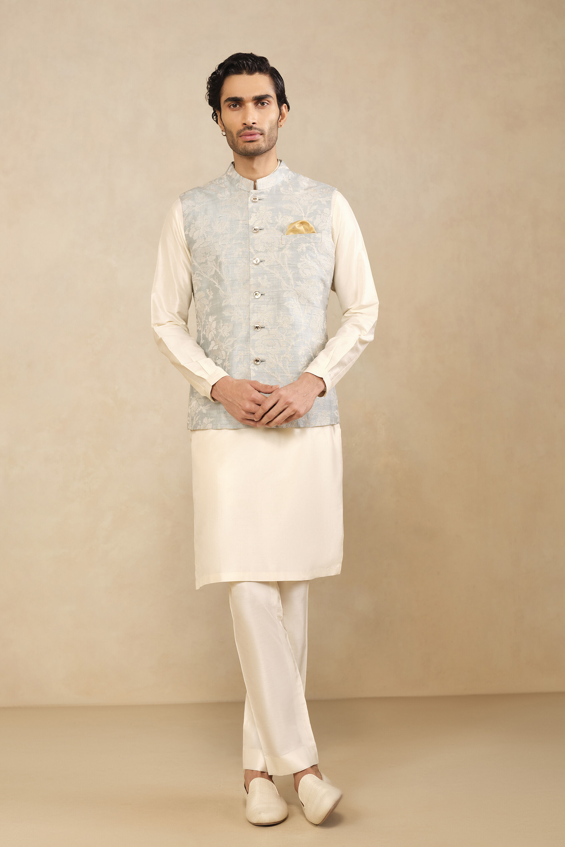 Avan Embroidered Silk Nehru Jacket - Powder Blue